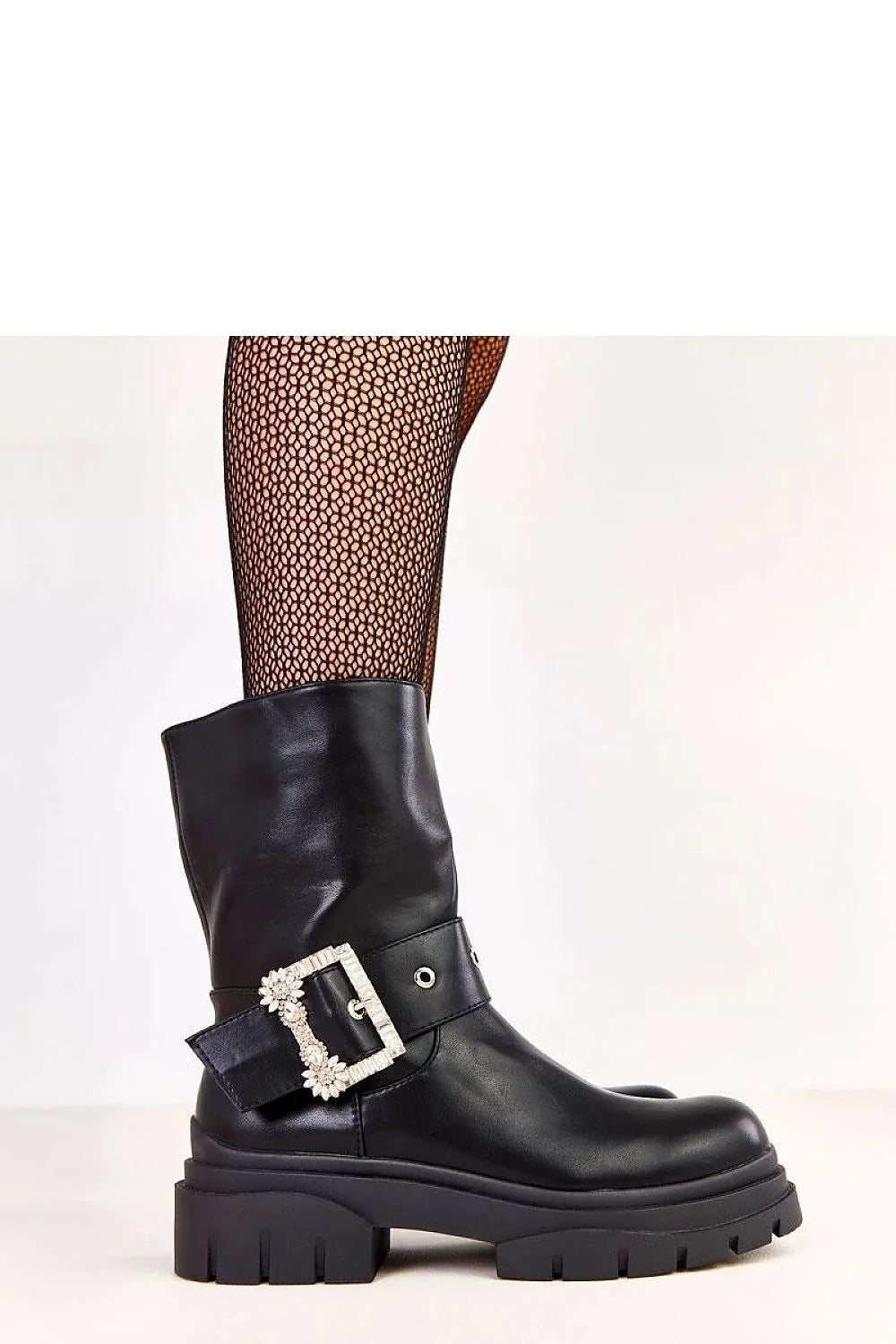 bottines biker femme noires similicuir lisse bout rond semelle crantée plateforme talon5cm tige20cm doublure isolante fermeture zip bride boucle strass