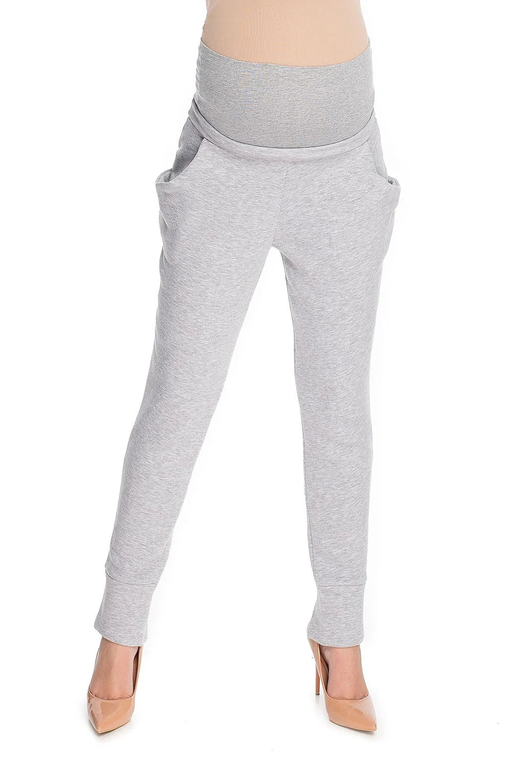 pantalon maternité confortable ceinture élastique bande ventrale haute extensible coupe fuselée chevilles côtelées coton stretch molletonné gris anthracite poches italiennes