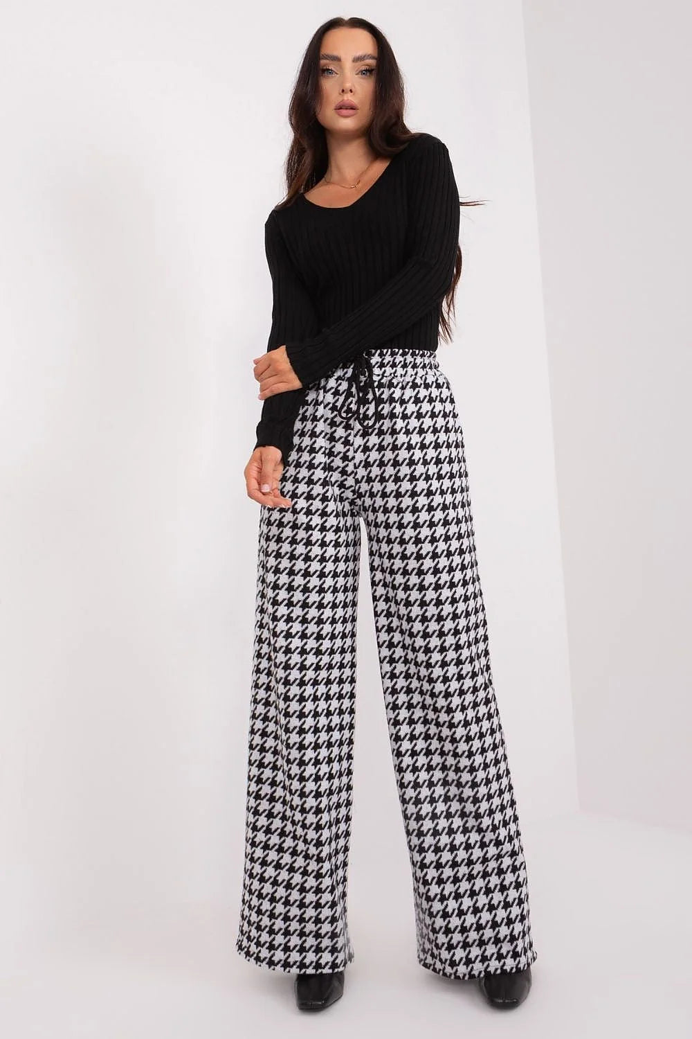 Pantalon femme Lakerta à taille haute style décontracté motif pied-de-poule noir et blanc jambe large matière coton élasthanne