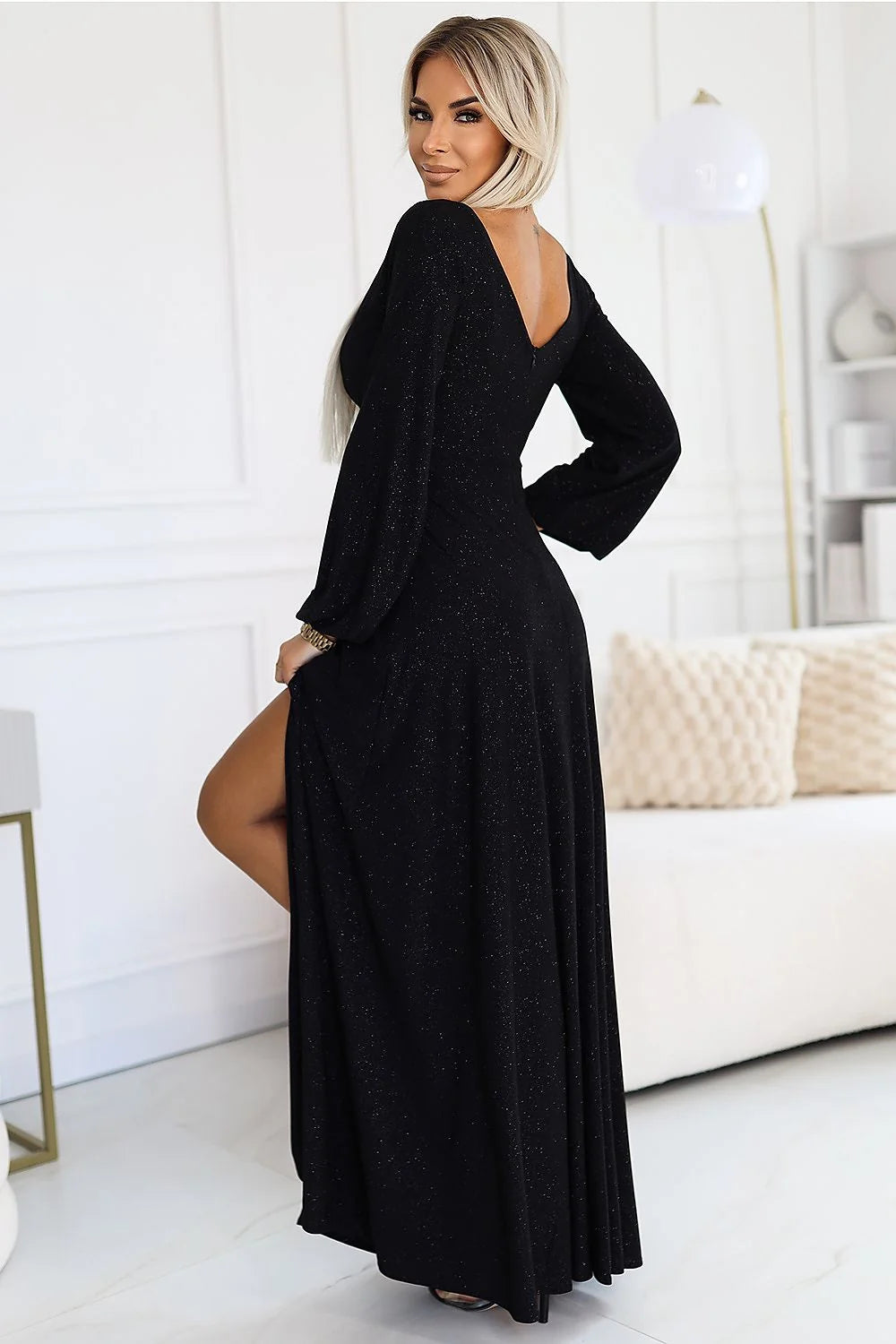 Robe de soirée élégante longue manches longues dos nu maille noire taille ajustable femme