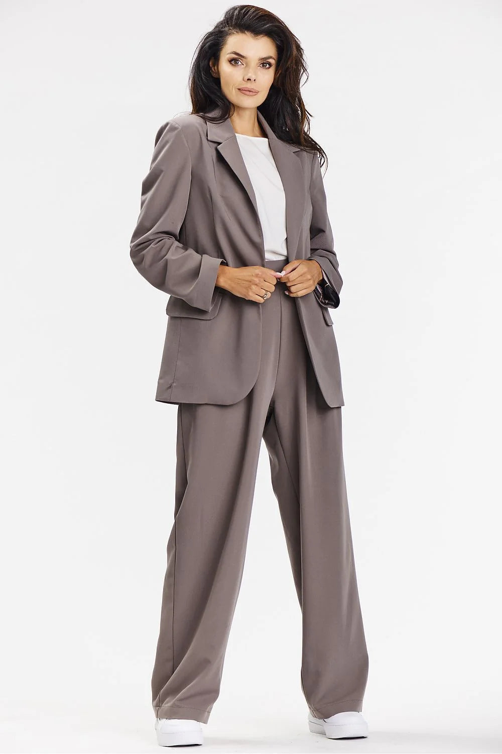 pantalon femme taupe large taille haute ceinture élastique viscose fluide crêpe plis avant poches latérales longue décontractée sophistiquée bureau