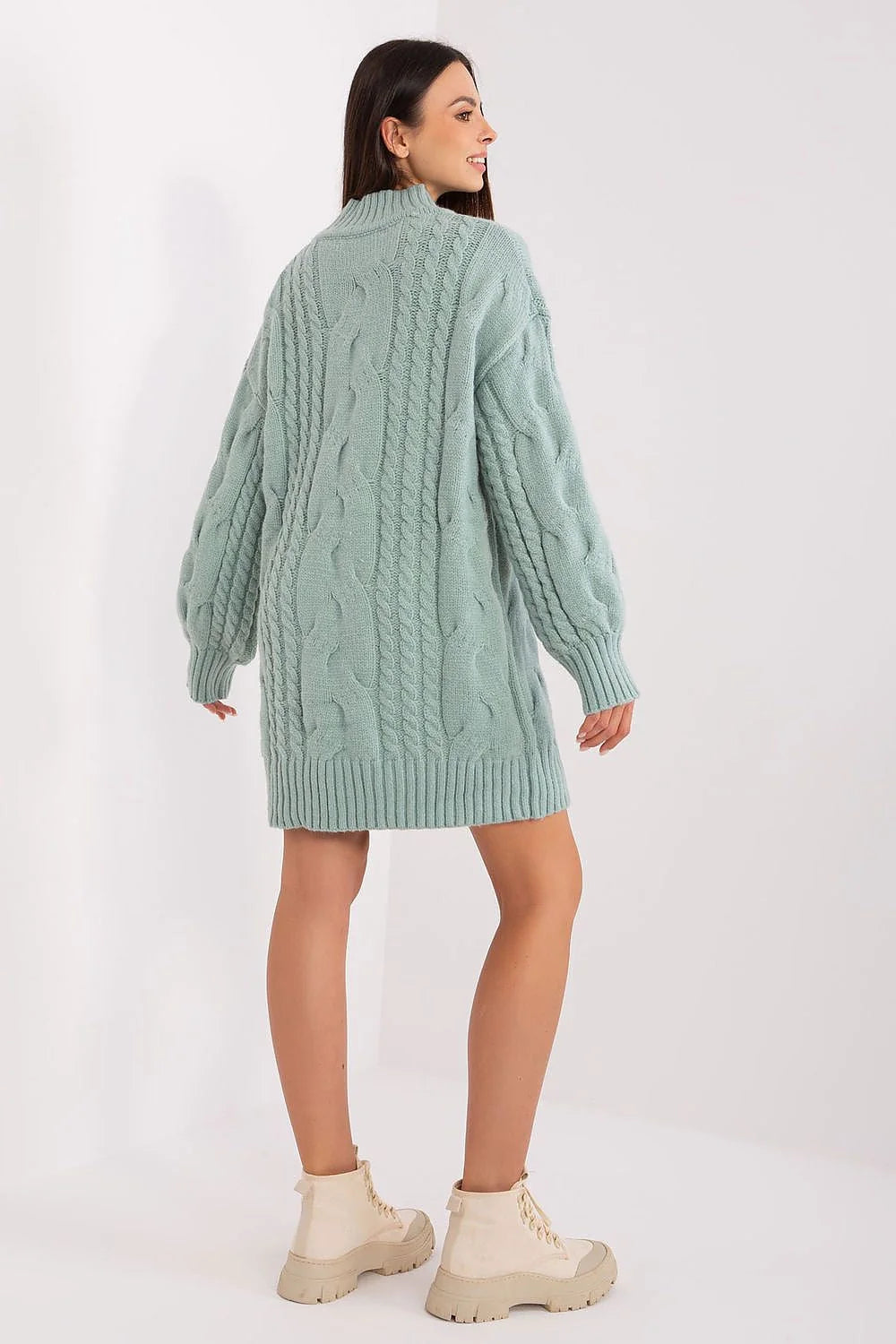 Robe pull femme vert menthe maille torsadée coupe ajustée longue manches longues col montant finitions côtelées occasion automne hiver