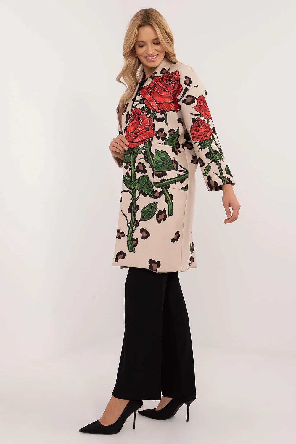 Manteau pour femme Italy Moda transitional longueur standard manches longues tissu léger automne-hiver printemps imprimé roses strass poches glissière