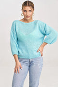 Pull à manches longues pour femme en maille douce bleu pastel, coupe ample et confortable, idéal pour quotidien et occasions détendues