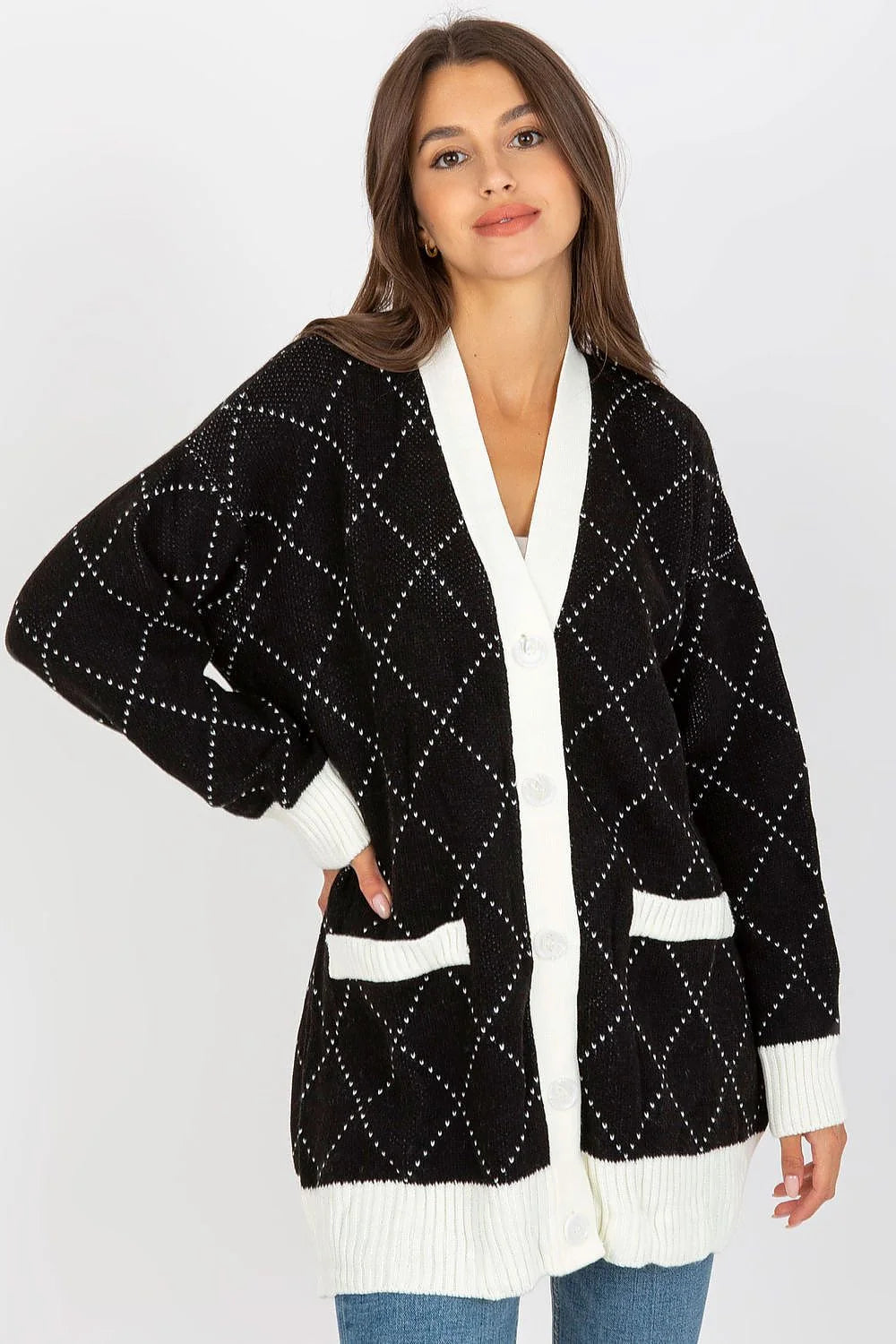 Cardigan Rue Paris style argyle noir blanc manches longues poches boutons fermeture tricot côtelé
