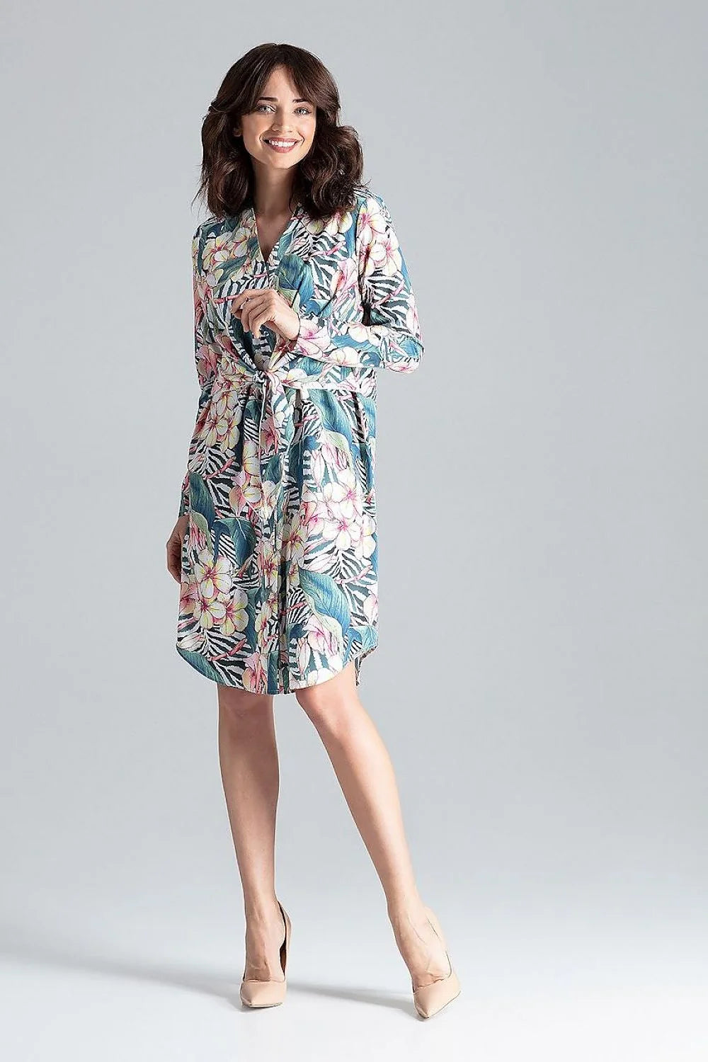 Robe chemisier femme élégante vert émeraude longues manches ceinture intégrée tissu fluide taille ajustable polyester elasthanne