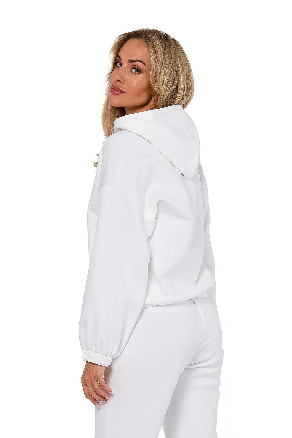 Sweatshirt Moe à capuche en maille drapée femme manches longues élastique ourlet couleur blanc style décontracté