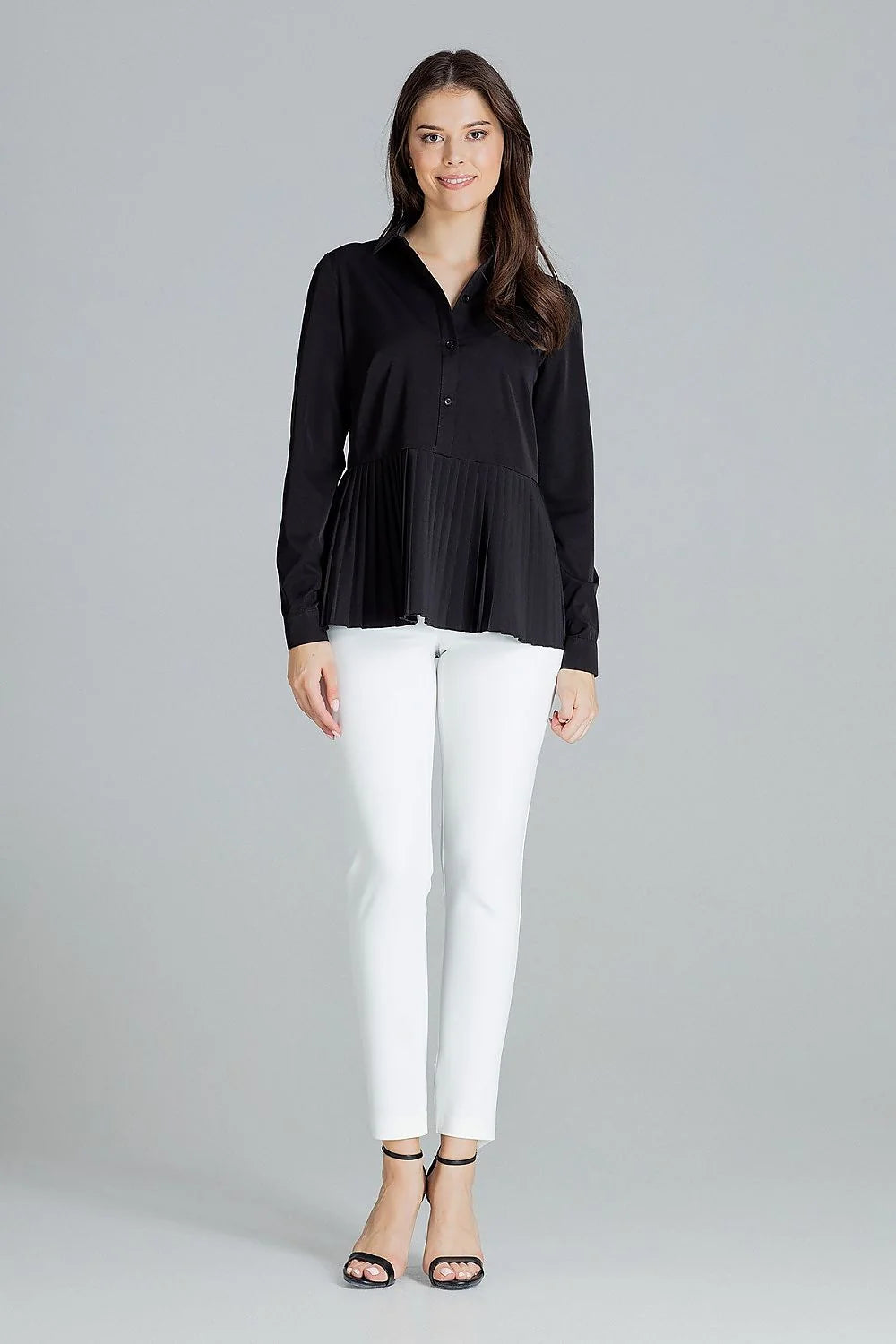 Chemisier noir en polyester élégant manches longues plissé ajusté pour femme moderne et chic