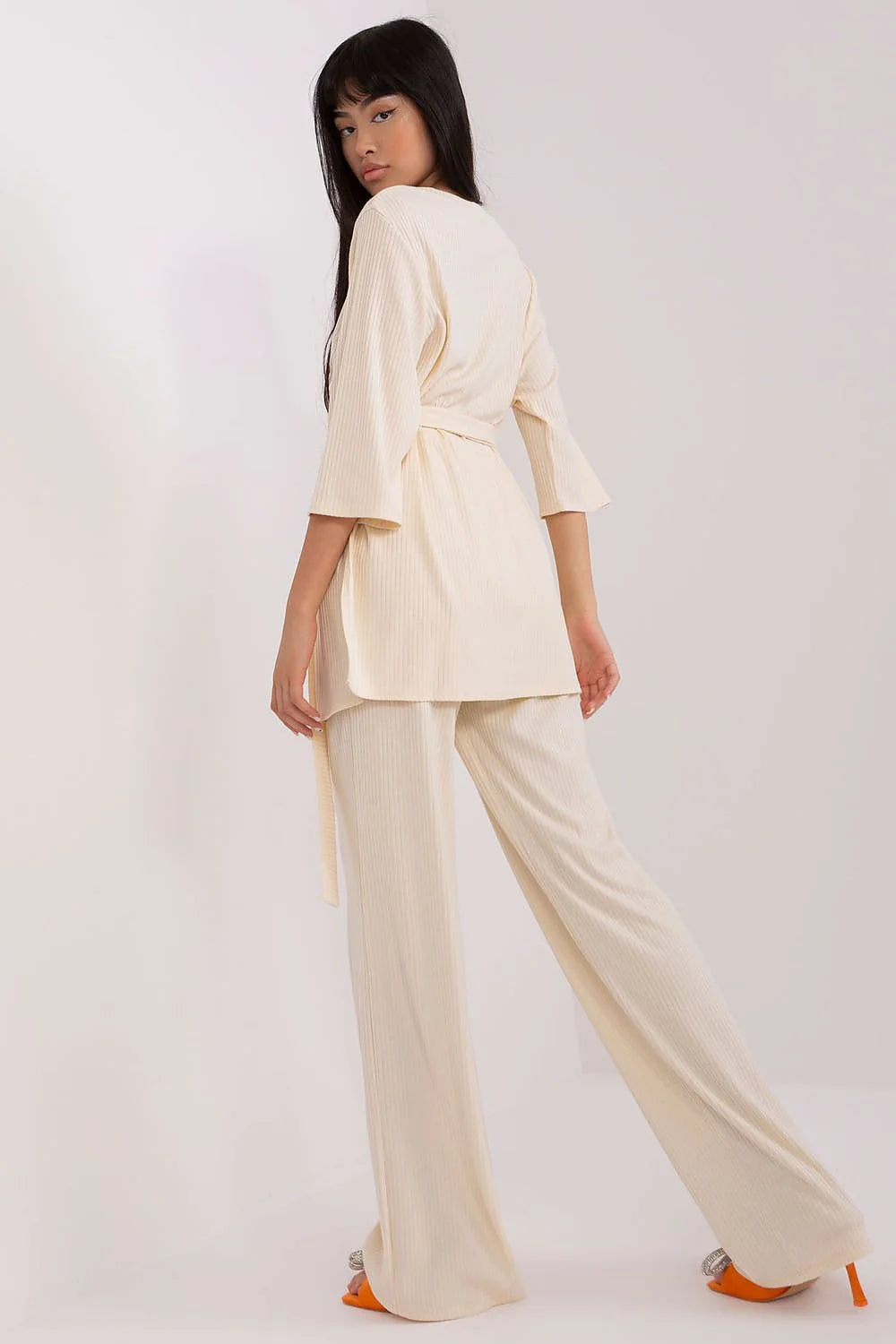 ensemble Lakerta tunique manches troisquarts ceinture pantalon palazzo taille haute maille côtelée coton élasthanne stretch beige clair