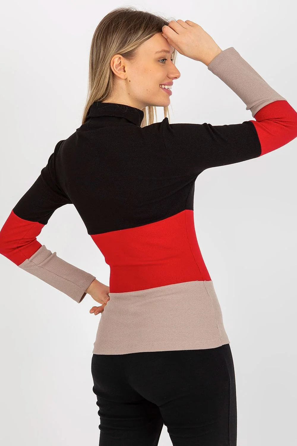 Pull col roulé multicolore maille côtelée coton élasthanne bleu rose vert ajusté manches longues ourlets nets design moderne