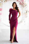 Robe longue bordeaux épaule unique fleur drapé fente avant satin soie occasion formelle femme