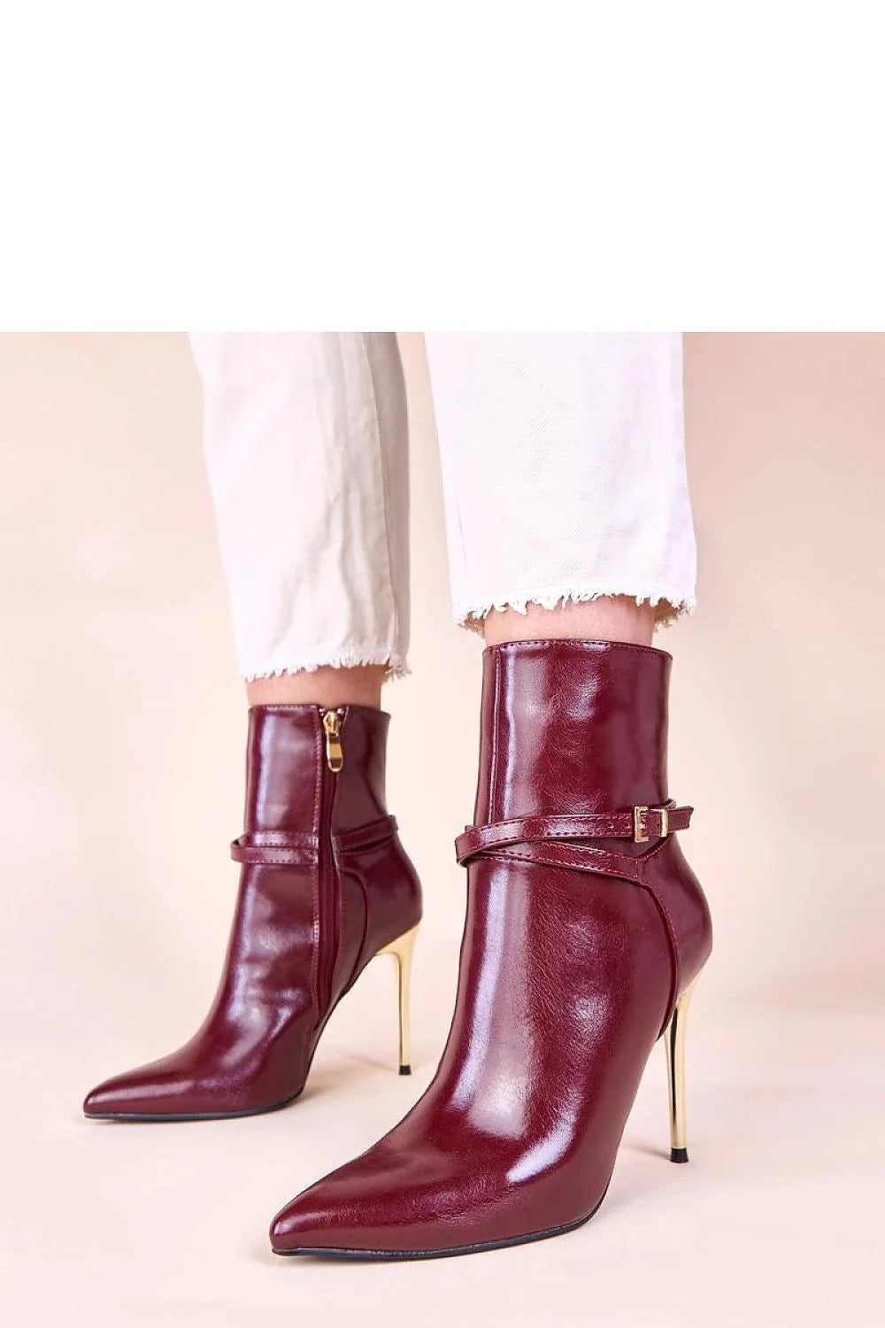 bottines bordeaux cuir brillant talon doré stiletto métal 10cm bout pointu cheville bride boucle dorée fermeture éclair latérale élégantes