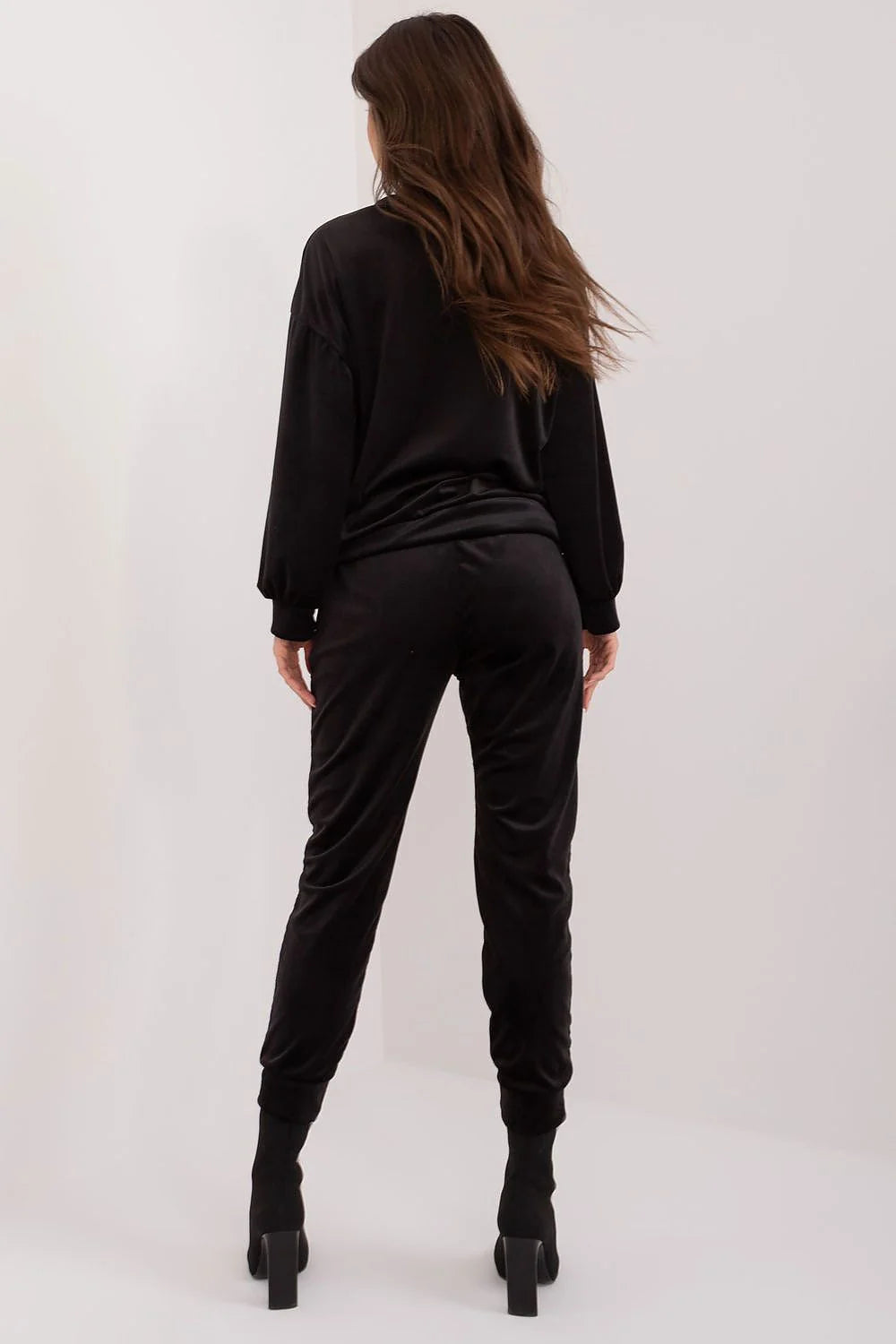 Ensemble Italy Moda pour femme en velours noir, haut col rond avec nœud, pantalon taille élastique coupe fuselée