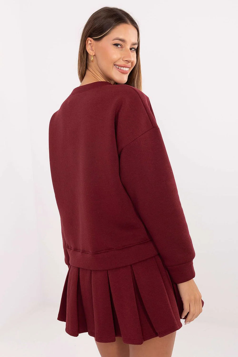 robe sport femme coton élasthanne doux extensible décolleté rond manches longues coupe évasée bas plissé doublée mini facile athleisure bordeaux