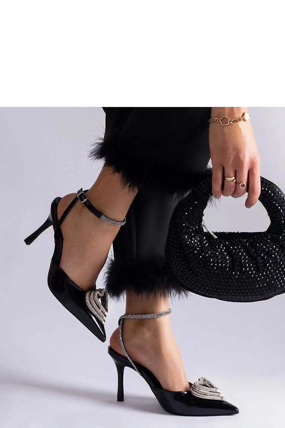 Escarpins à talons hauts ouverts ornés de strass argenté noir en cuir écolo fermeture à boucle design raffiné pour femme élégance soirées cocktails mode high-tech