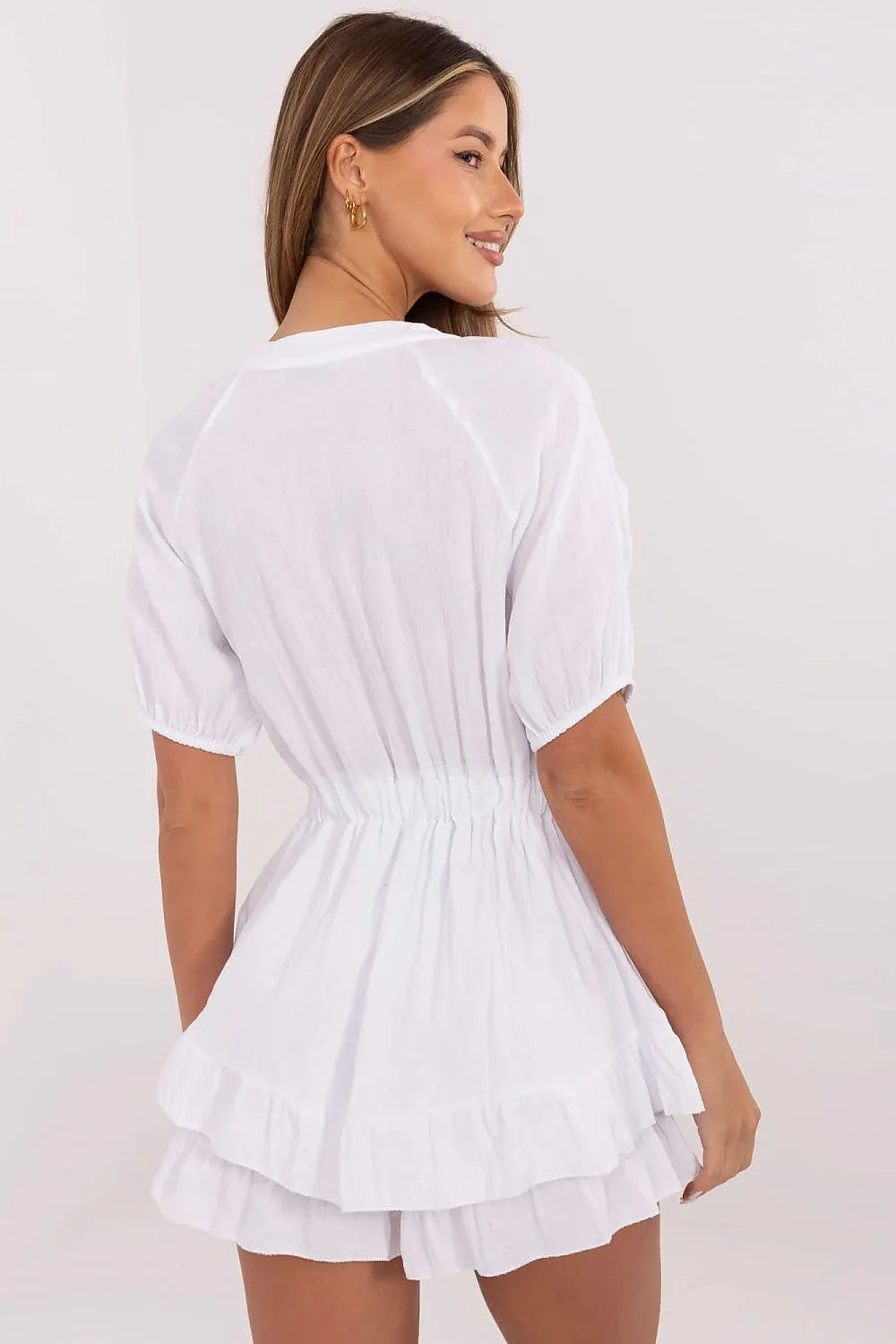 Combinaison Italy Moda blanche en coton respirant pour l'été, style élégant et décontracté, manches bouffantes, encolure en V, ceinture élastique, boutons devant, tissu vaporeux, vêtement féminin, mode été, occasion quotidienne, femmes, look décontracté
