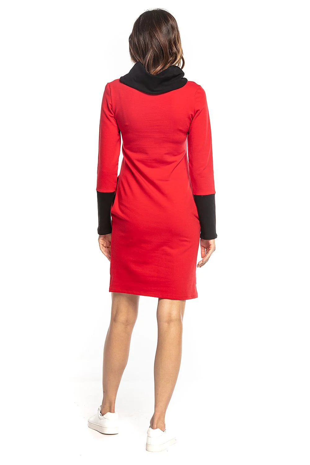 Robe en maille coton casual chic noire rose ajustée confortable manches longues avec poches femmes