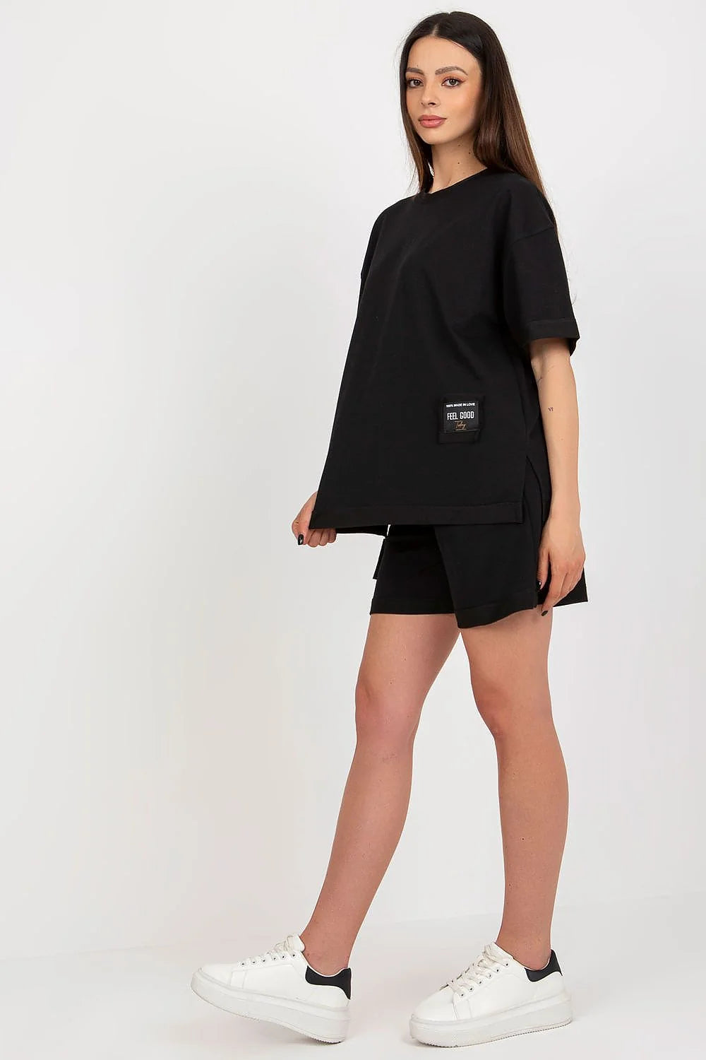 ensemble Badu chemisier oversize manches courtes encolure ronde short jersey coton noir coupe droite relax minimaliste sport chic confort décontracté