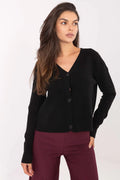 cardigan femme court maille fine noire col V profond boutonnage boutons assortis manches longues coupe droite légèrement ample