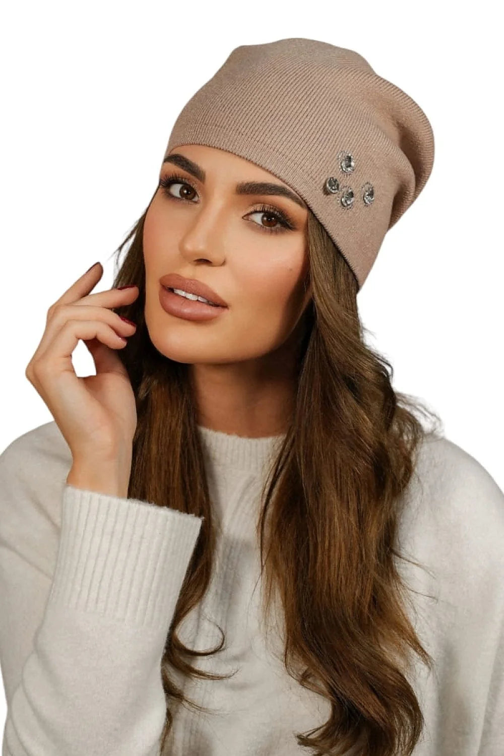 bonnet tricot femme moderne élégant beige doux confortable oversize tombé lâche côtelée extensible orné strass zircons tempes chic
