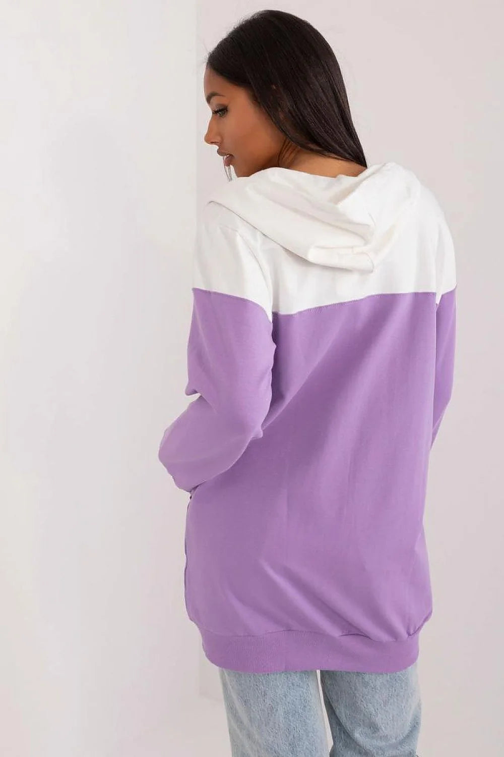 sweatshirt bicolore moderne femme capuche zippée oversize lavande blanc coupe longue molleton coton mélangé poches kangourou cordon ajustable