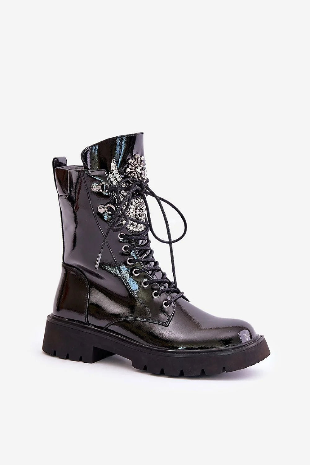 Bottines femmes design moderne robuste et chic cuir écologique style militaire laçage métallique décoration paillettes automne hiver confort