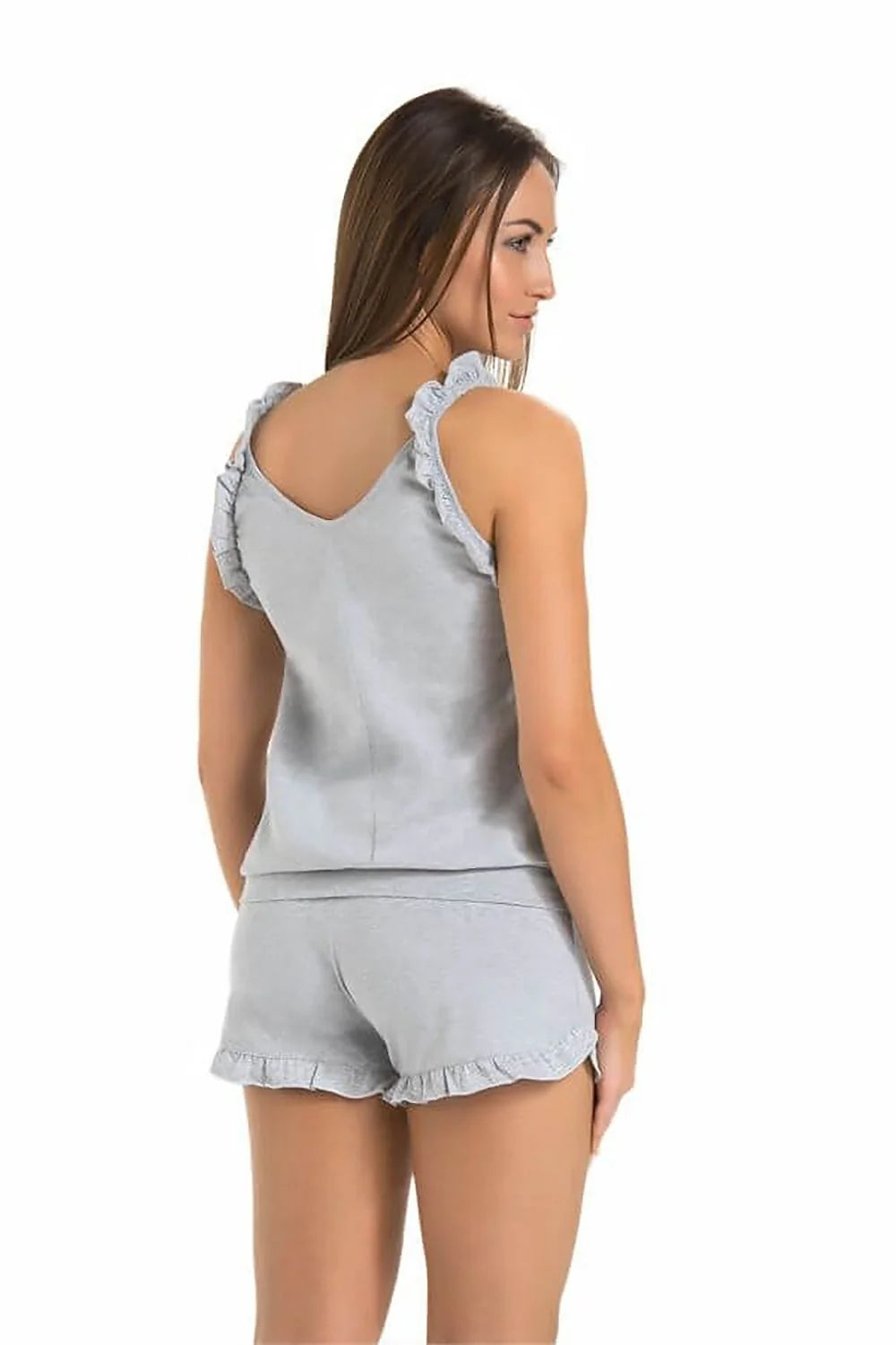 Ensemble pyjama femme tank top short viscolose bretelles volants gris clair elastique confortable
