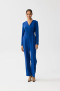 Combinaison Stylove bleu élégante modern style V-neck longues manches taille ajustable ceinture fabric femme