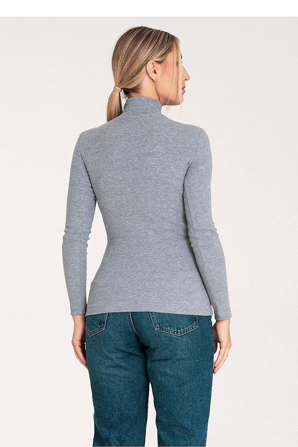 Pull à col roulé pour femme en coton élasthanne, style élégant, coupe ajustée, couleur grise, manches longues, vêtement polyvalent pour quotidien ou soirées