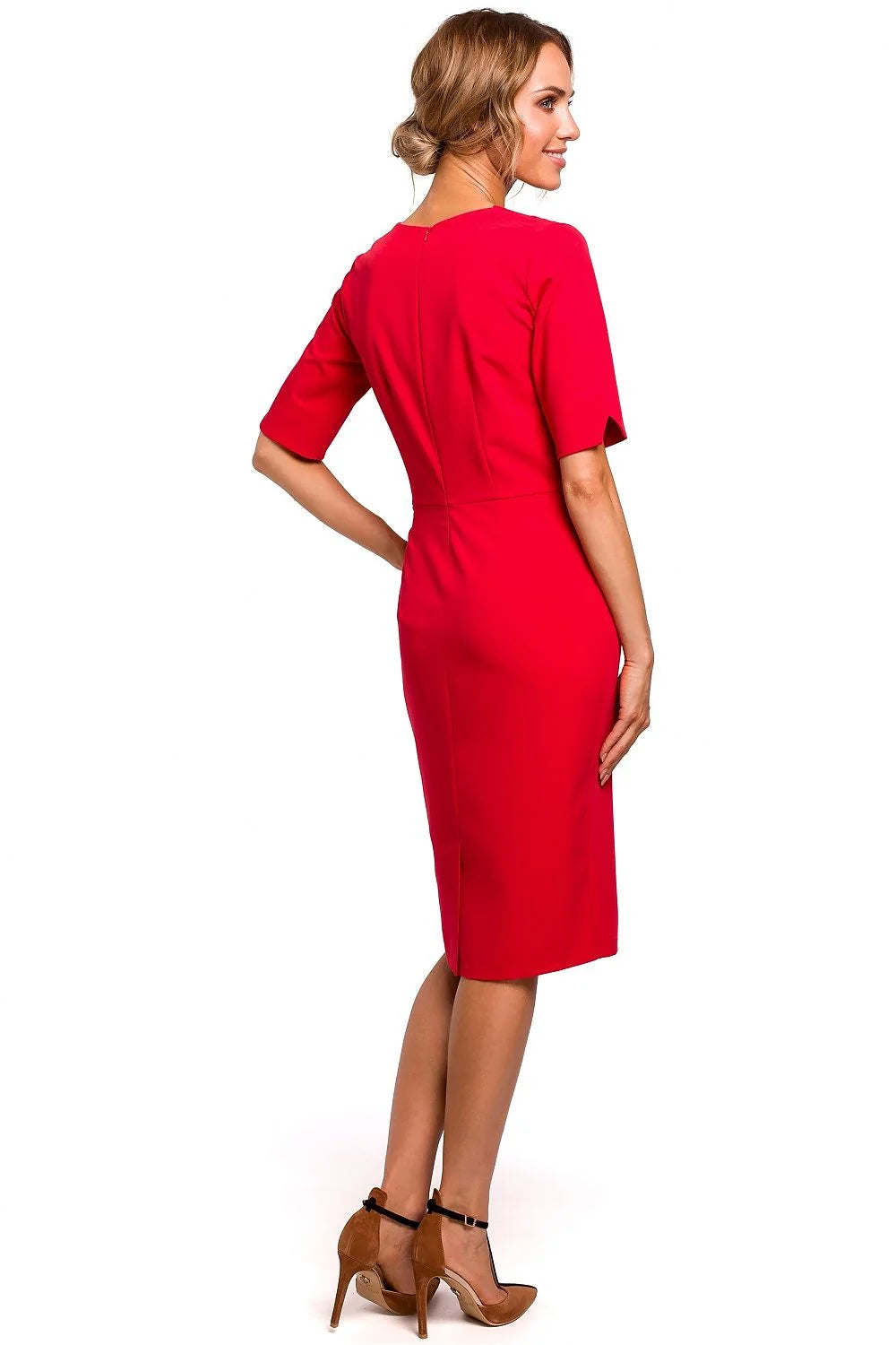 robe fourreau midi bleu royal ajustée structurée taille marquée encolure V manches mi longues tissu polyester viscose elasthanne maintien élégant