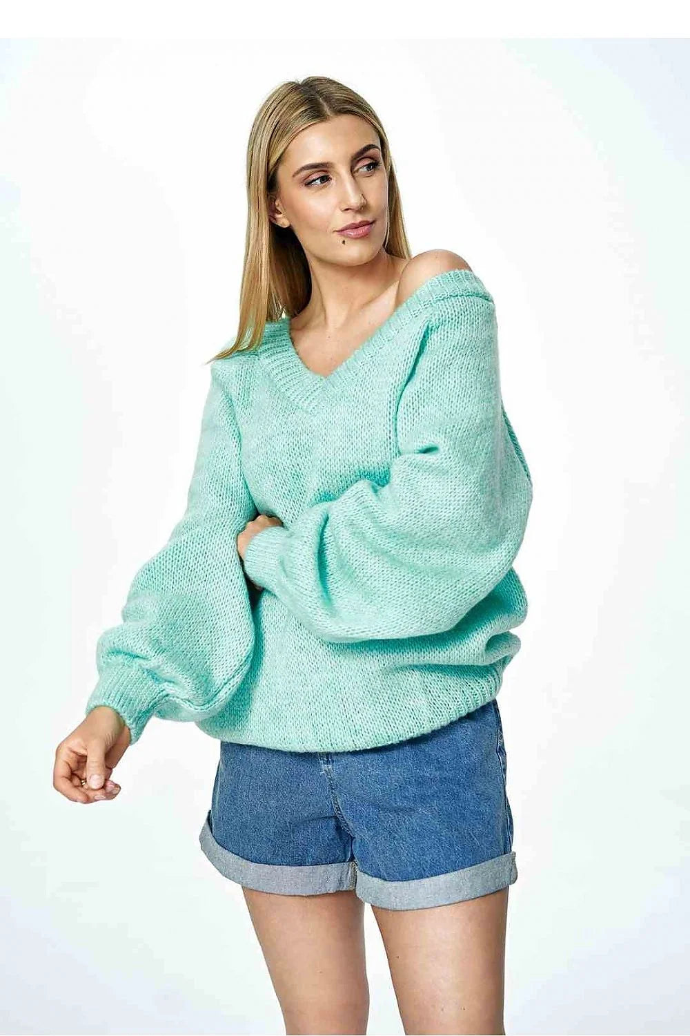 Pull-over femme style moderne ample col V profond manches longues vert menthe acrylique nylon polyester laine taille universelle
