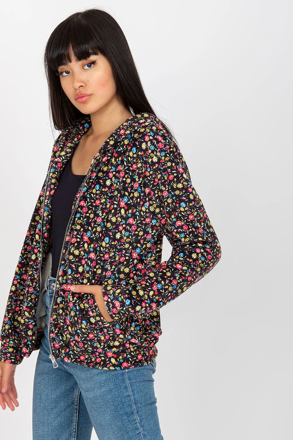 blouson floral femme zippé casual polyester bleu marine motifs floraux roses rouges blancs coupe droite hanches manches longues ajustées