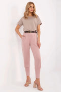 Pantalon survêtement élégant pour femme taille haute coupe droite rose pastel matelassé polyester viscose élasthanne