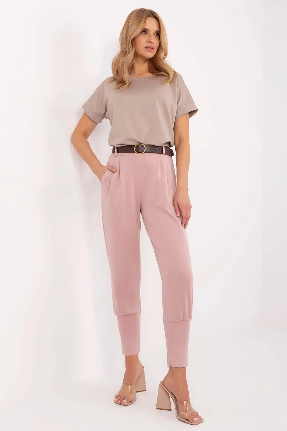 Pantalon survêtement élégant pour femme taille haute coupe droite rose pastel matelassé polyester viscose élasthanne