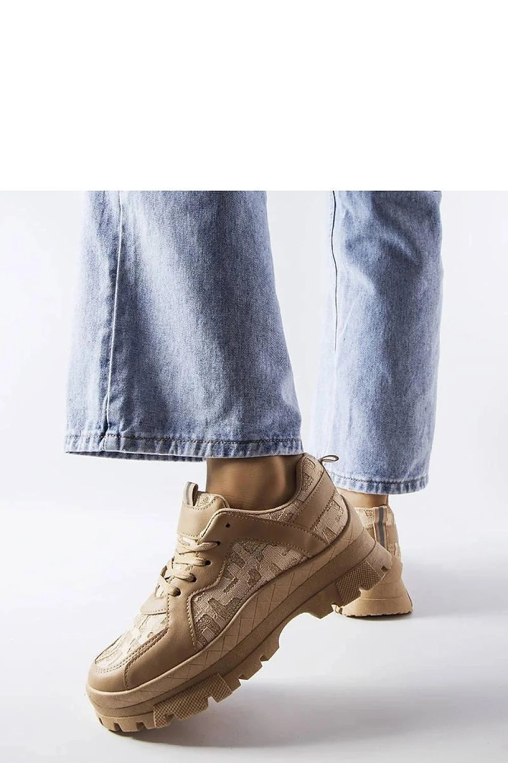 Sneakers femme style décontracté moderne beige motif géométrique tissu cuir synthétique semelle caoutchouc baskets urban tendance