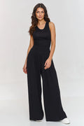Ensemble Makadamia décontracté chic femme noir coupe ajustée pantalon large taille haute débardeur sans manches