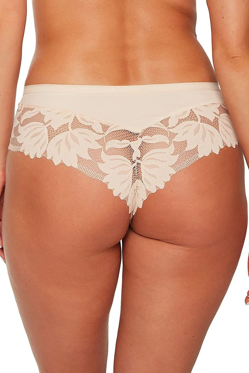 Culotte brésilienne féminine en dentelle florale beige avec nœud décoratif coupe classique confort élastique maintien doux