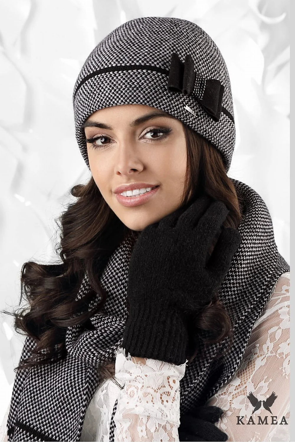 Ensemble d'accessoires féminins intemporel bonnet foulard gants motif pied-de-poule laine acrylique confort hiver
