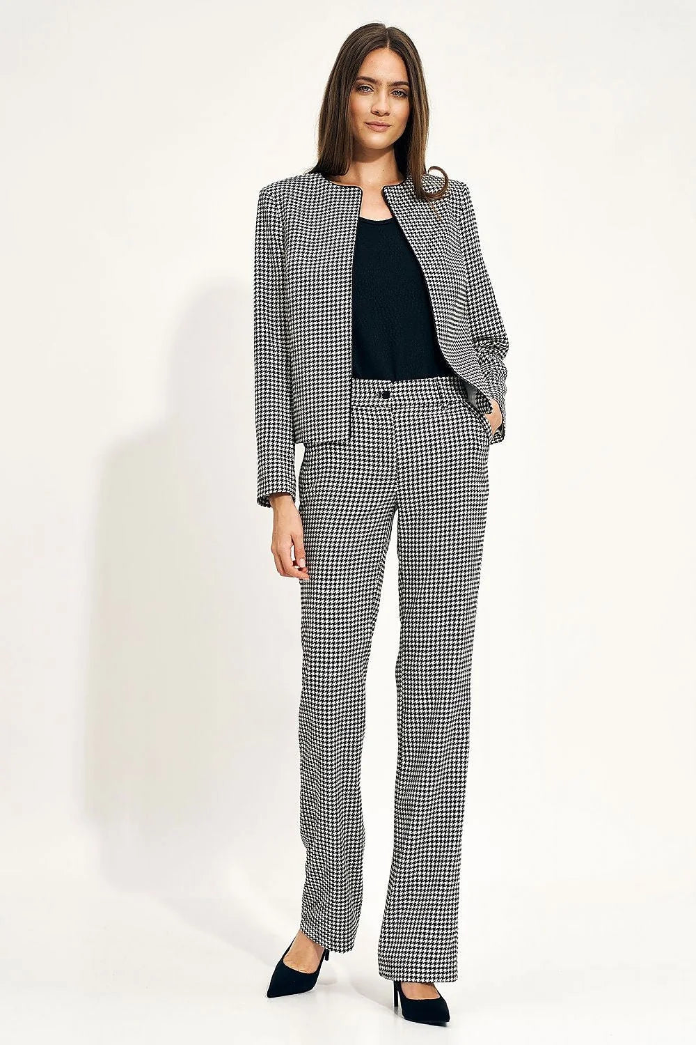 blazer Nife femme pieddepoule noir blanc coupe ajustée col absent manches longues bordure contrastée taille haute bouton devant polyester viscose