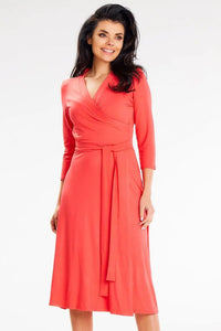 robe awama portefeuille corail ajustée viscose elasthanne stretch manches troisquarts ceinture nouée décolleté croisé midi évasée tombé fluide élégante confortable