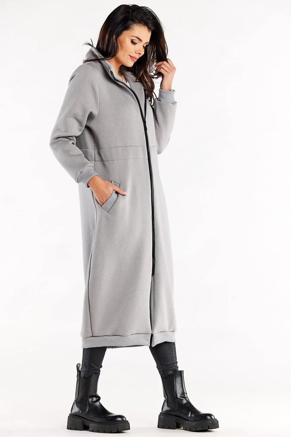 sweatshirt long zippé femme oversize gris clair col montant manches longues molletonné coton élasthanne poches latérales