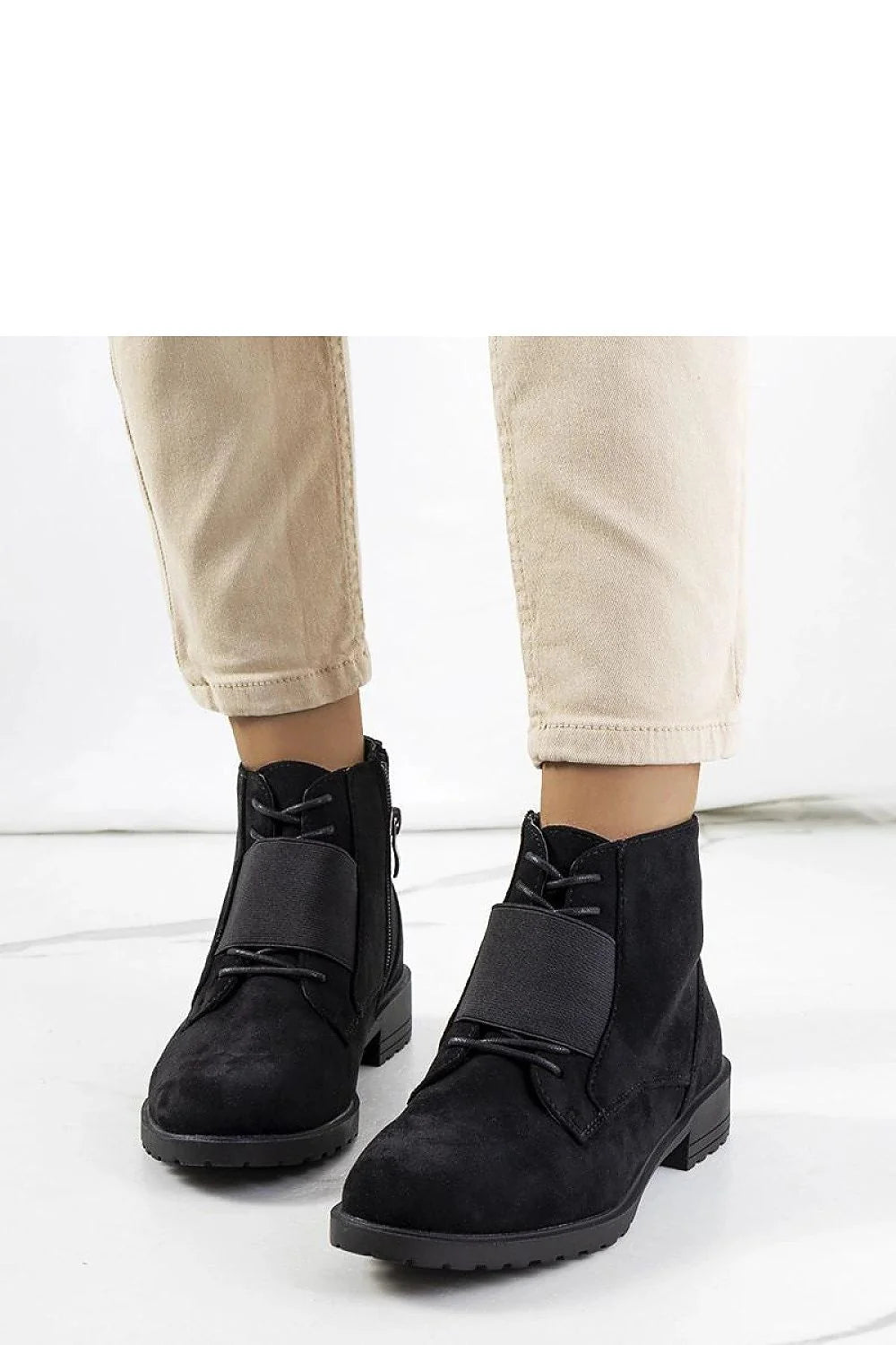 Bottines à talons bas cuir écologique noire moderne femme confortable fermeture éclair lacing élastique ville travail