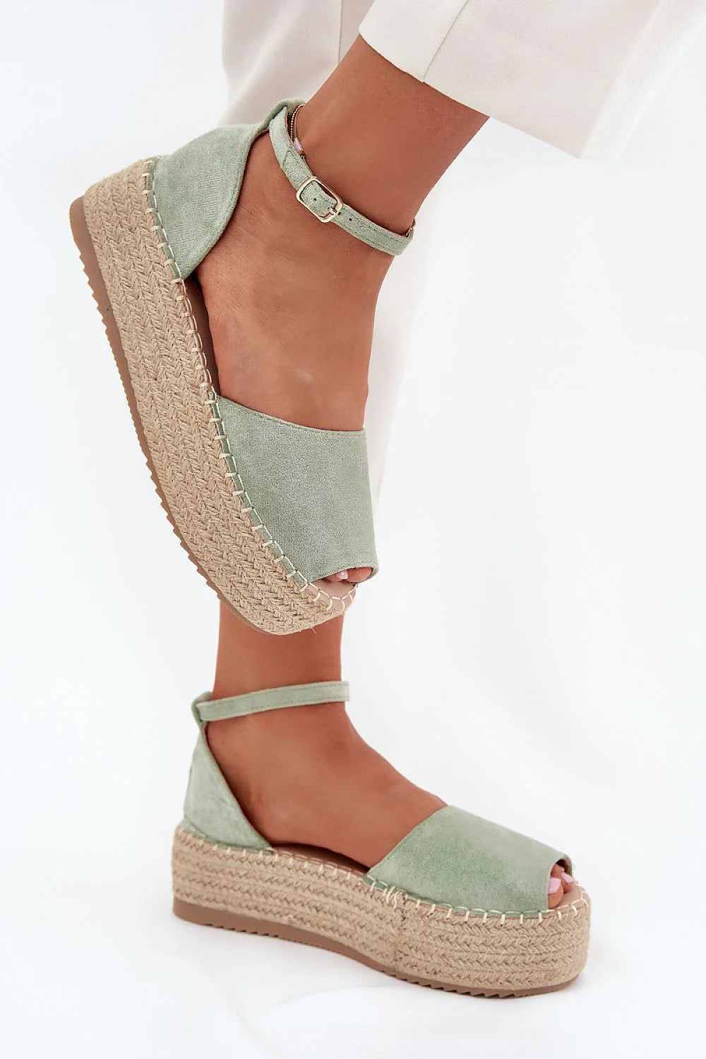 espadrilles compensées femme suédine écologique vert sauge plateforme tressée jute peeptoe bride cheville réglable boucle dorée maintien confortable