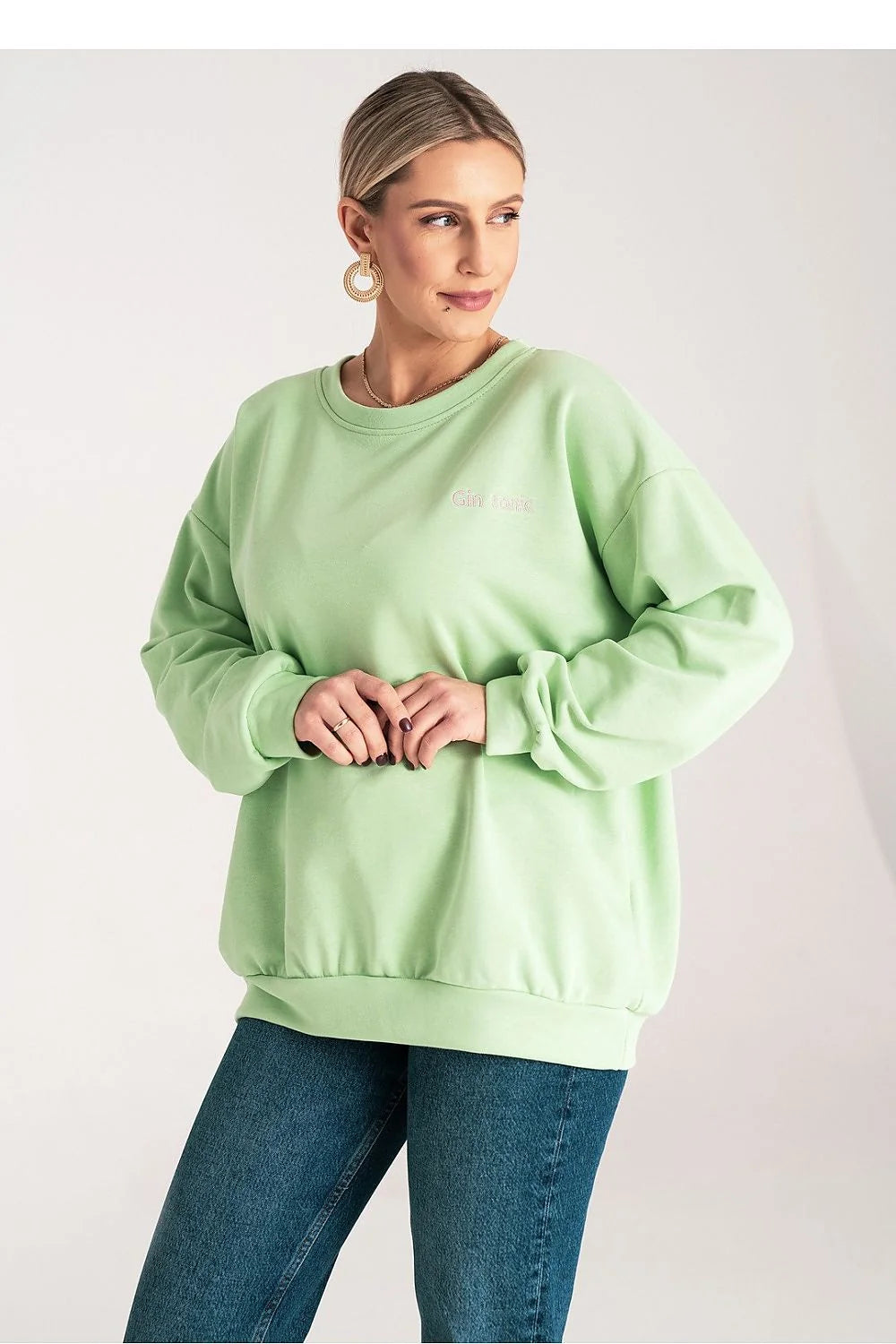 Sweatshirt femme décontracté vert pastel ample col rond coton polyester élastique poignets ourlet côtelé taille ajustable