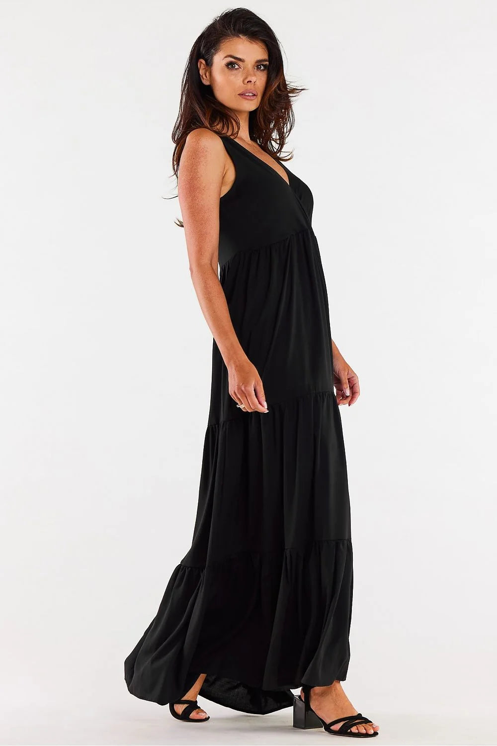 Robe de soirée élégante longue sans manches décolleté V dos droit viscose noire femme occasion spéciale