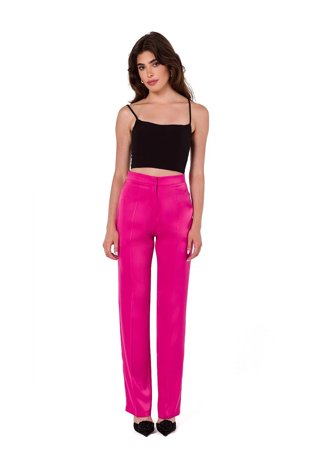 Pantalon femme Makover satin fuchsia couleur vive coupe droite taille haute occasion soirée élégance moderne style intemporel