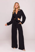 Ensemble robe et pantalon femme Moe manches longues encolure V noeud élégant coupe ample taille élastique sans fermeture poches latérales