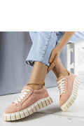 sneakers femme Solea moderne tendance rose poudré suède plateforme épaisse semelle crantée blanche lacets blancs oeillets métalliques col rembourré