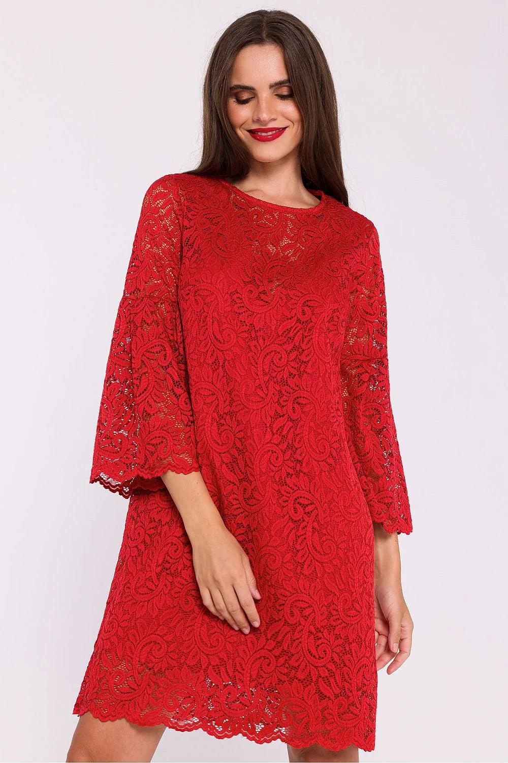 Robe de soirée Stylove en dentelle rouge manches 3/4 évasées neckline rond genou court pour femmes élégance occasion spéciale