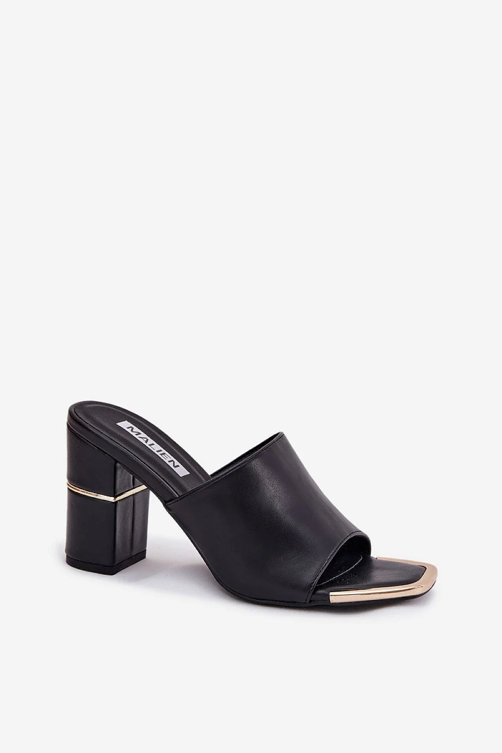 sandales mules femme talon compensé bloc 9cm cuir artificiel noir doré minimaliste ouvert bout carré large bride maintien confortable